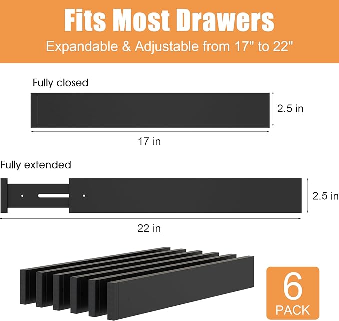 Bamboo Drawer Dividers,17-22" Adjustable Kitchen Drawer Organizer for Clothes,6 Pack Expandable Drawer Organization Separators for Bedroom,Bathroom,Dresser and Office,Black-NeatNest