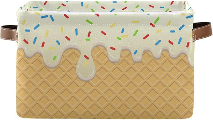 Kigai Ice Cream Texture Storage Bins for Shelves, Storage Basket with Double Handle, Foldable Storage Cubes with Metal Frame, Rectangular Closet Organizer Containers for Home Bedroom