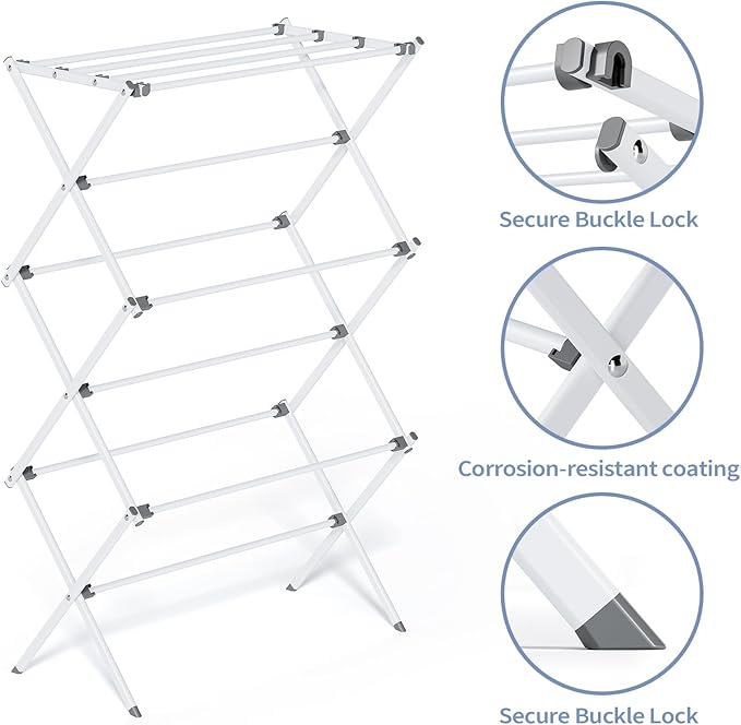 APEXCHASER Clothes Drying Rack Foldable, Laundry Drying Rack 3 Tier, Foldable Metal Clothing Dryer for Cloth Towel Shirt, Collapsible Clothe Horse Compact Storage, Clothes Airer Indoor Outdoor, White