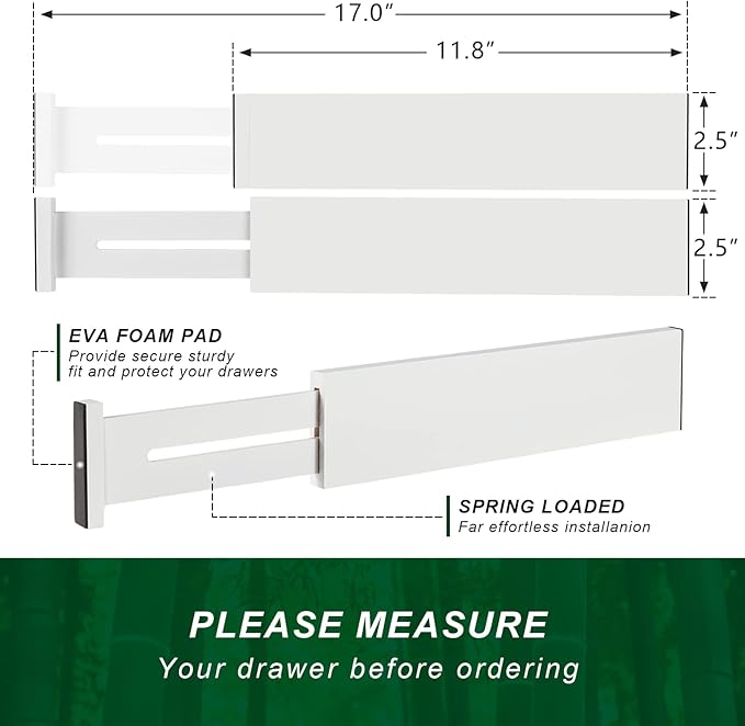 4 Pack Bamboo Drawer Dividers, Adjustable Length from 12 Inch to 17 Inch, Expandable Kitchen Drawer Organizer, Drawer Organization Separators for Clothes, Kitchen, Bedroom, Dresser, Office (White)-NeatNest