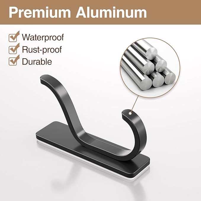 Adhesive Wall Hooks for Hanging: 2-Pack Coat Hooks for Towel, Hat, Purse, Clothes, Keys, Backpack, Stick On Hangers for Door, Kitchen, Dorm, RV, Bathroom, Shower, Hold 13 lb, Stainless, Black