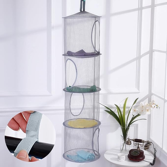 2pcs Hanging Mesh Storage Organizer Bag Foldable Space Saving Organizer with 2pcs S Hooks for Room Bathroom Wall Balcony Wardrobe(Grey,Blue)-NeatNest