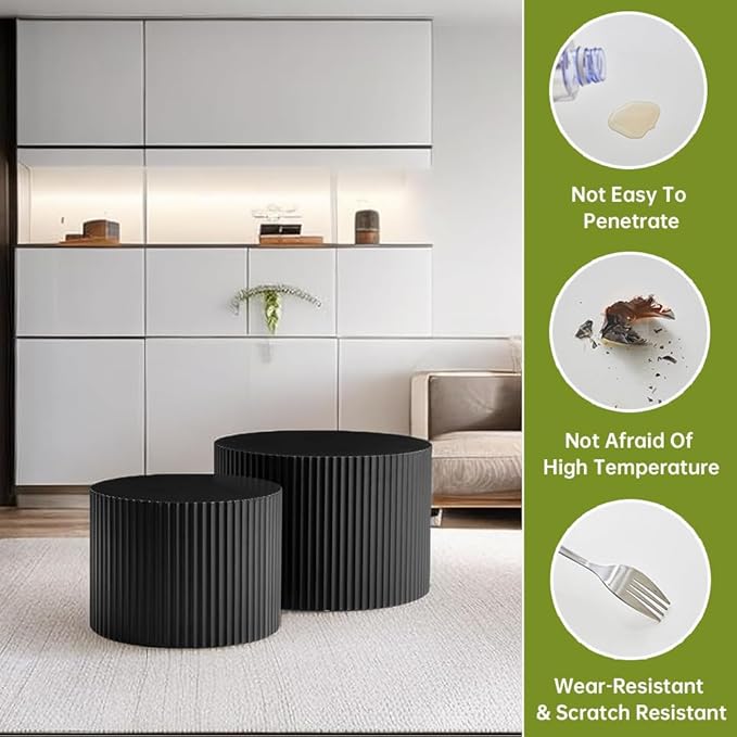 Round Nesting Coffee Table Modern Black Fluted Coffee Table Set of 2 Stripe Round Coffee Tables Circle Drum Coffee Tables Side Table Accent End Table for Living Room (Black Large)