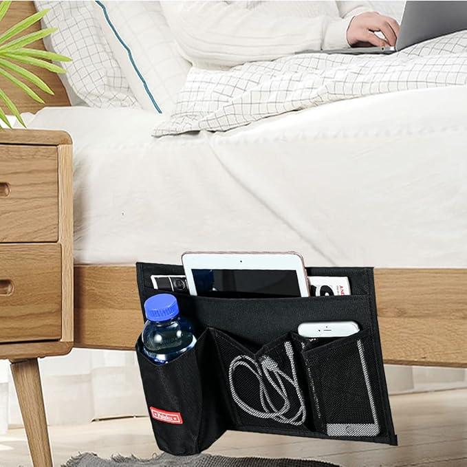 Bedside Caddy, 4 Pockets Bedside Organizer Caddy Under Mattress,Holds Water Bottles,Magazines,Books (Classic 4 Pockets-Black)-NeatNest