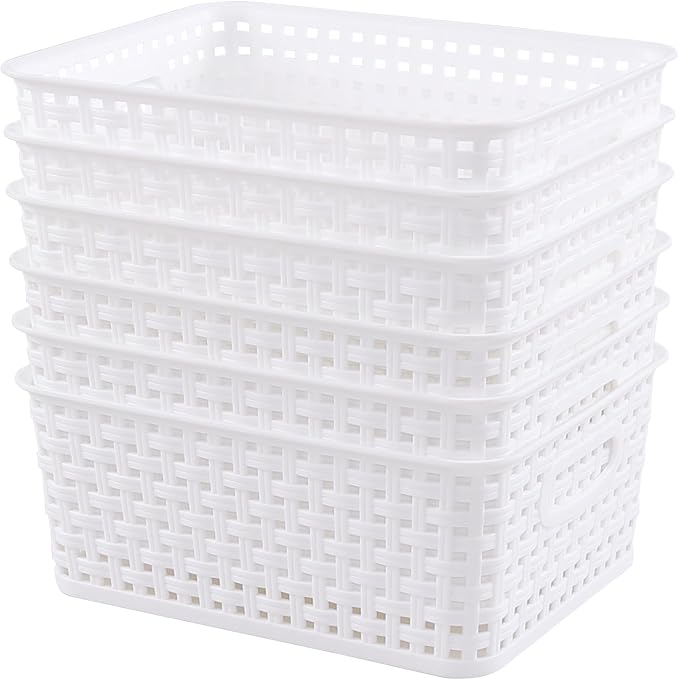 6-Pack Plastic Storage Basket, Desktop Organizing Bin, White