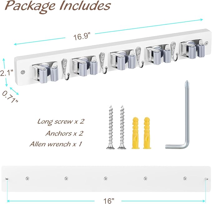 Mop and Broom Holder Wall Mount - White Broom Mop Hanger - Wall Mounted Garden Tool Rack Organizer for Closet Garage Laundry Room Kitchen Decor With 5 Slots & 4 Hooks-NeatNest