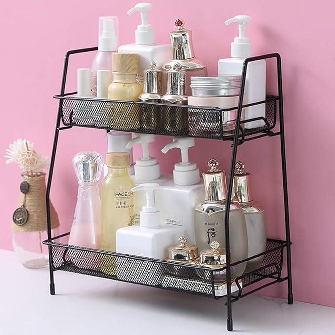 Metal 2 Tier Spice Storage Rack for Kitchen, Countertops, Cabinets, Organizer for Bathroom,Basket for Office and Home, Black