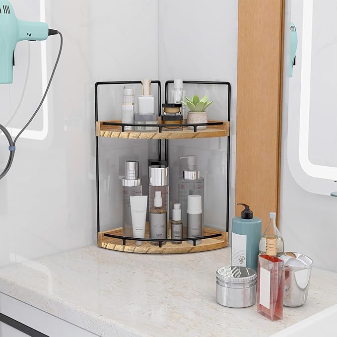 Dorhors 2-Tier Bathroom Counter Organizer,Vanity Counter Corner Shelf, Skincare, Wood Countertop Bathroom Storage and Organization for Kitchen (Brown)-NeatNest