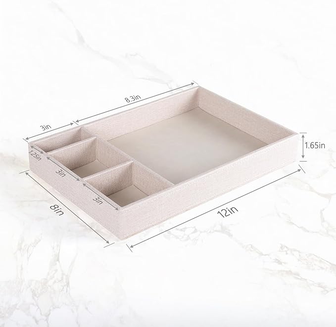 Desktop Storage Organizer, Nightstand or Dresser Organizer, Valet Tray, Entry Table Organizer, 4 Compartments,PU Leather Drawer Storage Organizer Decorative Trays. (Pearl White—2)-NeatNest