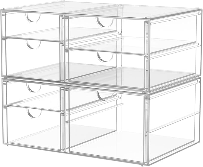 2 Pack Desk Organizers, Makeup Organizer Storage With 7 Drawers, Desktop Office Supplies, Clear Desk Accessories, Dustproof Drawer Organizer and Storage for Make Up, Jewelry, Pen, Desktop Stationary