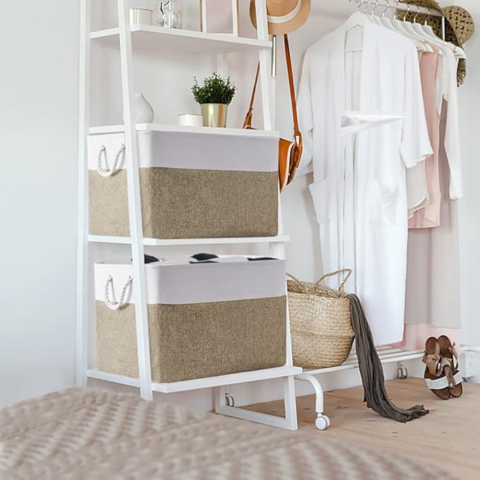 TheWarmHome Organization Basket - 20x16x14 inch Jumbo 3 Pack Collapsible Storage Bins for Shelves, Fabric Storage Cubes for Closet Organizer Gift Toy (White & Khaki)-NeatNest