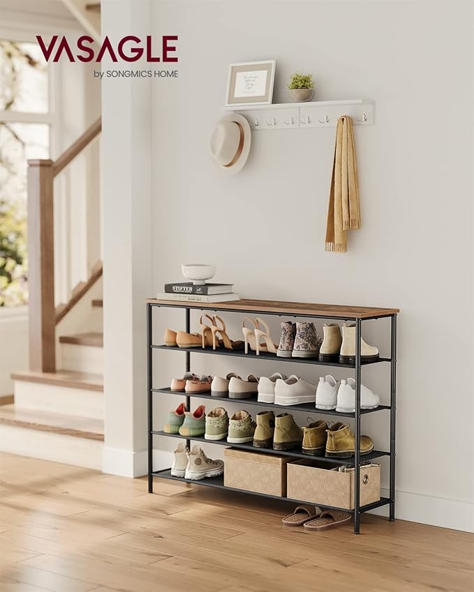VASAGLE Shoe Rack, 5-Tier Shoe Storage Organizer for Entryway and Closet, Holds 20-24 Pairs of Shoes, 4 Fabric Shelves, Steel Frame, Industrial, Rustic Brown and Black ULBS136B01-NeatNest