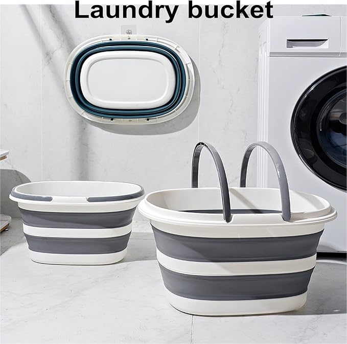 Large Plastic Cleaning Supplies Caddy Bucket with Handles, Portable Cleaning Tool Storage Tote Pop Up Mop Bucket for Dorm and Bedroom, Collapsible Plastic Bucket for Fishing, Garden (Grey+Blue)-NeatNest