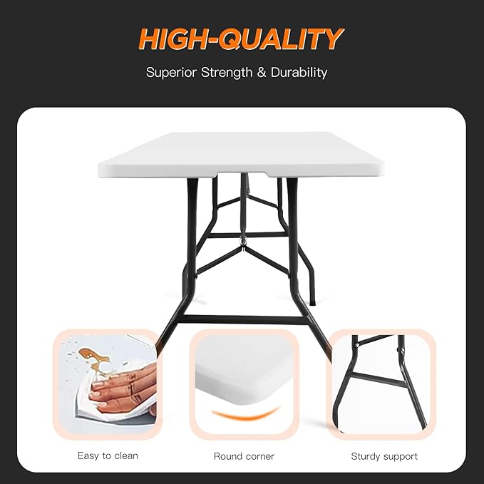BestOffice 8FT Picnic Table Folding Table Camping Table Plastic Table Fold Up Table Lock for Party Event,White-NeatNest