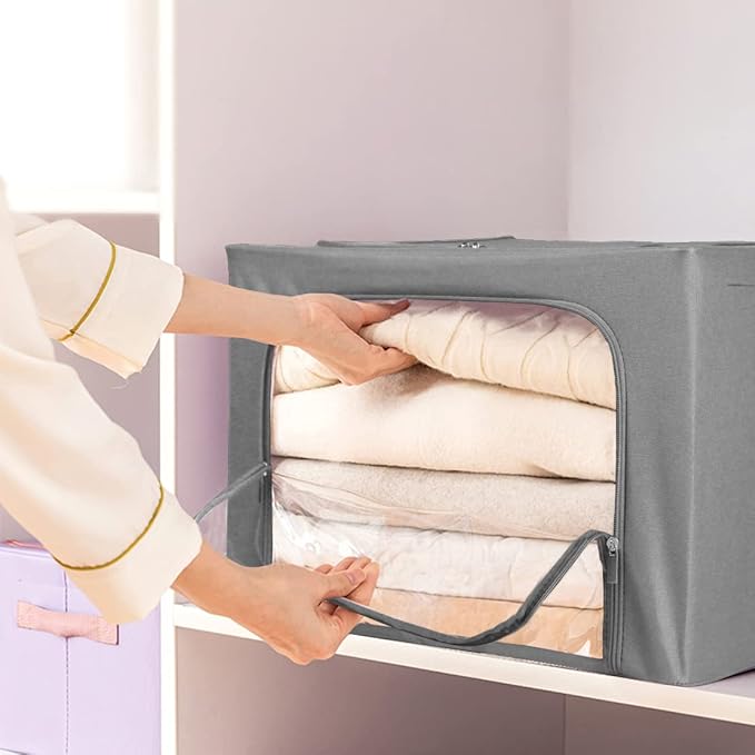 Stackable Clothes Storage Box for Clothing Gadgets,Steel Frame Storage Bins for Toys Gift,Foldable Oxford Fabric Closet Organizer Bag Set with Carry Handles Clear Window (Large- 66L x3 Pack, Grey)-NeatNest