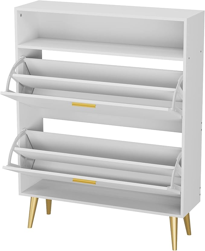JOZZBY Shoe Cabinet for Entryway, White Narrow Shoe Storage Cabinet with 2 Flip Drawers, Freestanding Hidden Shoe Rack Storage with Open Shelves for Hallway, Living Room, Set of 2-NeatNest