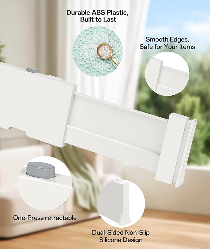 Adjustable Drawer Organizer with Non-Slip Silicone, Multi-Purpose Storage Solution for Wardrobe, Kitchen, Office, 11.6"-17" Length, 4" Height, Durable ABS Plastic, Easy Setup-NeatNest