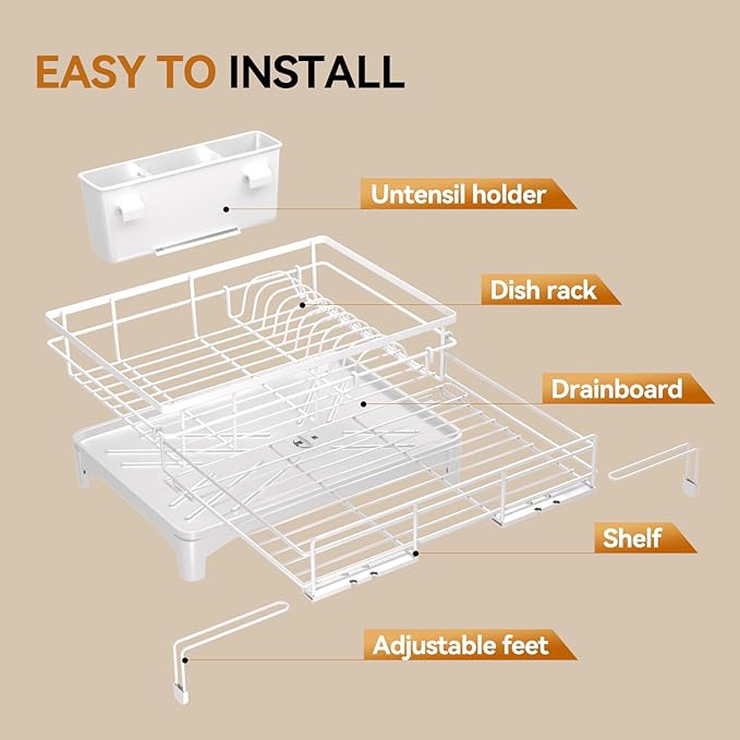Dish Drying Rack - Expandable Rack, Large Capacity Dish Drainer for Kitchen Counter, Rust-Proof with Utensil Holder, White