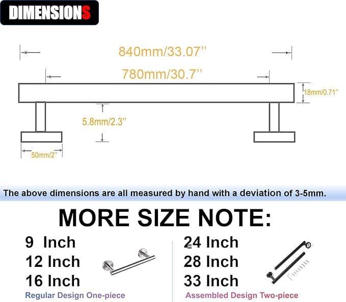 33 Inch Towel Bar for Bathroom 9/12/16/24/28/33 Inch Kitchen Hand Towel Holder Matted Black SUS304 Stainless Steel RUSTPROOF Wall Mount Towel Rod (1, Matted Black, 33 Inch)