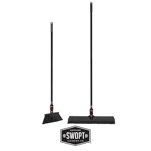 SWOPT 24” Push Broom, Angle Broom + 48” and 60" Steel Handles, Standard Combo — Cleaning Heads with Long Handles Interchangeable with All SWOPT Cleaning Products — Indoor/Outdoor, Black