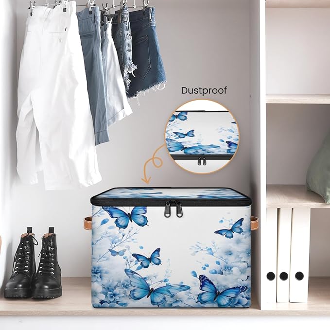 Blue Butterfly Storage Bins with Zipper Lid, Spring Floral Lidded Storage Baskets Boxes Foldable Organizer with Leather Handles for Clothes Closet Shelf Toys-NeatNest