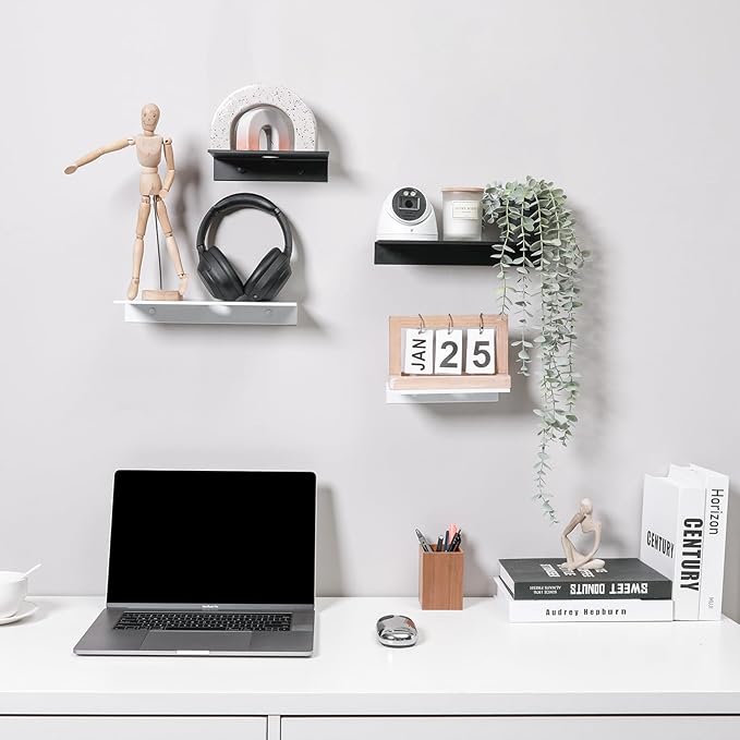 Z metnal Metal Floating Shelves with Cable Clip, Shelves for Bluetooth Speaker Router Cameras, Wall Mounted, Display Shelf, Matt Black, Aluminum, 12 inch, 2 Pack-NeatNest