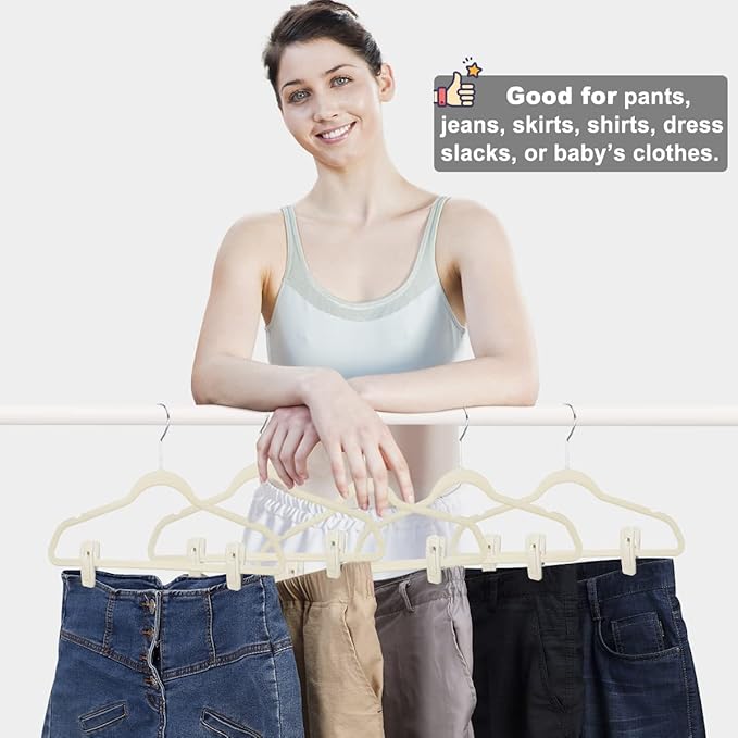 Beige Velvet Hangers Clips (80-Pack), Non-Slip Strong Velvet Clips for Velvet Skirt Hangers, Velvet Pants Hanger Velvet Clips Fit for Thin Velvet Clothes Suit Hangers-NeatNest