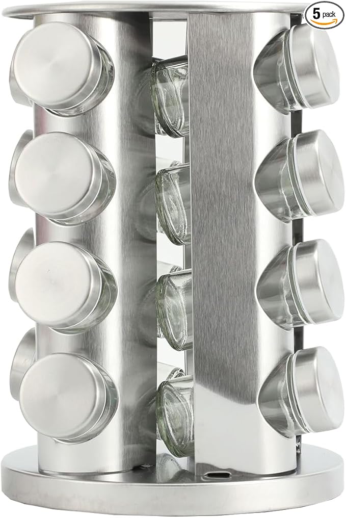 Spice rack-Revolving Spice Rack Set, Kitchen Spice Tower Organizer for Countertop or Cabinet -Desktop Rotating Seasoning Organizer(Stainless Steel) (Silver, 16-Jar)