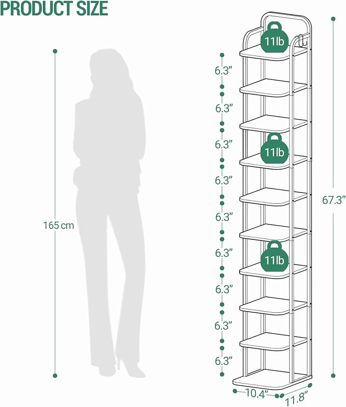 10 Tiers Vertical Shoe Rack, Narrow Shoe Tower, Tall Shoes Shelf with 2 Hooks, Adjustable Shelves, Corner Shoes Shelves for Small Spaces, Entryway, Living Room, White SR11213W-NeatNest