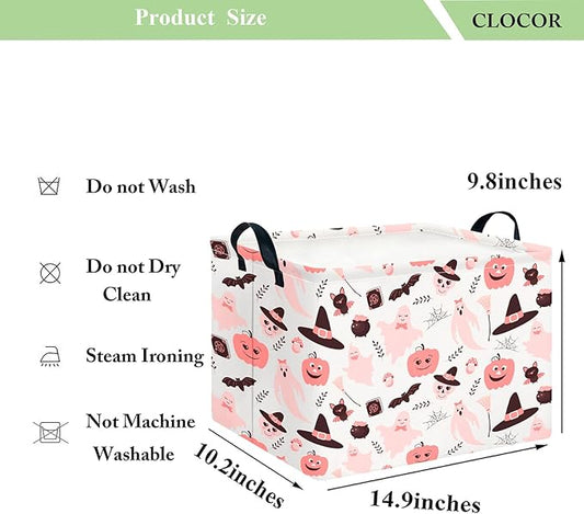 CLOCOR Rectangular Storage Basket Empty, Gift Basket for Halloween, Waterproof Storage Bin with Handles, Room Decor(Pink Bowknot Ghost)-NeatNest