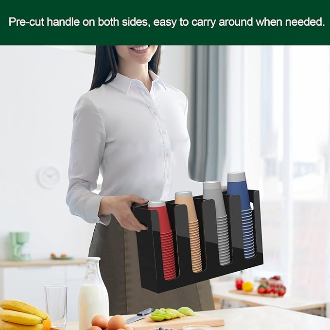 Disposable Coffee Cup Dispenser with Handles, Countertop or Wall Mount Hot/Cold Drink Cup and Lid Holder - Bathroom/Kitchen/Office Acrylic Cup Lid Storage Organizer (4 Compartments, Black)-NeatNest