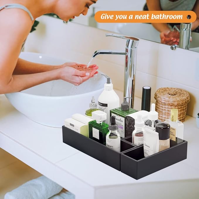 Black Bamboo Drawer Organizer - Silverware&Utensil Holder Organizer for Kitchen Drawers, Multi-Use Drawer Dividers Boxes for Bathroom Counter,Cabinet, Garage, Office Desk, Makeup, Jewelry (6"3"2.5")-NeatNest