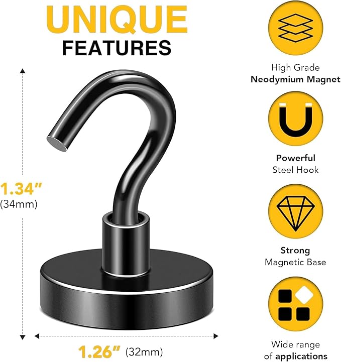 DIYMAG Magnetic Hooks for Hanging Cubicle Accessories, 118lbs 2025 Cruise Cabin Ship Essentials Magnetic Hook Heavy Duty Strong Magnets Fridge for Classroom Beach Kitchen Grills 4 Pack Black-NeatNest