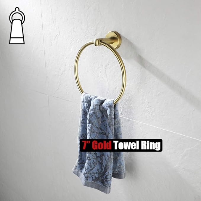 JQK Towel Ring Brass Gold, 304 Stainless Steel Hand Towel Holder for Bathroom, Brushed Gold Wall Mount, TR130-BG