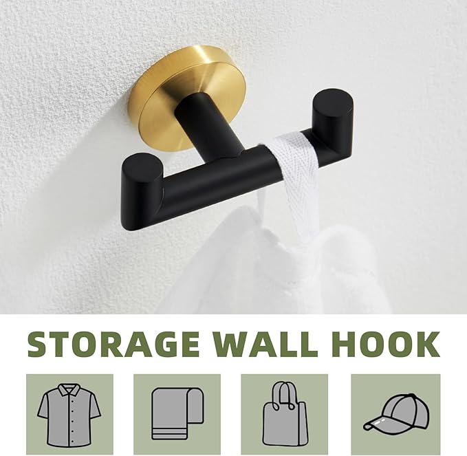 APLusee Black Gold Double Towel Hook, Stainless Steel Robe Hook for Bathroom, Wall Mounted