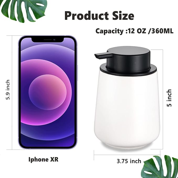 12Oz White Foam Soap Dispenser - Ceramic Foaming Hand Soap Dispenser Set with Easy-to-Press Pump, Refillable Liquid Dish Soap Dispensers for Bathroom and Kitchen, 2 Pack-NeatNest