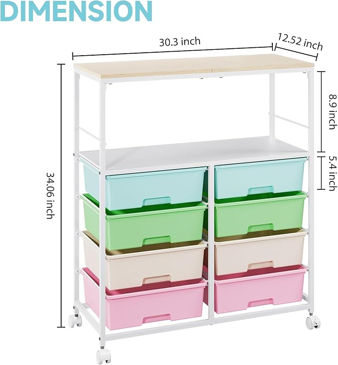 8 Drawers Rolling Storage Cart with Wooden Top, Multipurpose Utility Cart with Opening Shelf & Lockable Wheels, Storage Drawer Cart Organizer for Home Office Craft Room Classroom, Rainbow