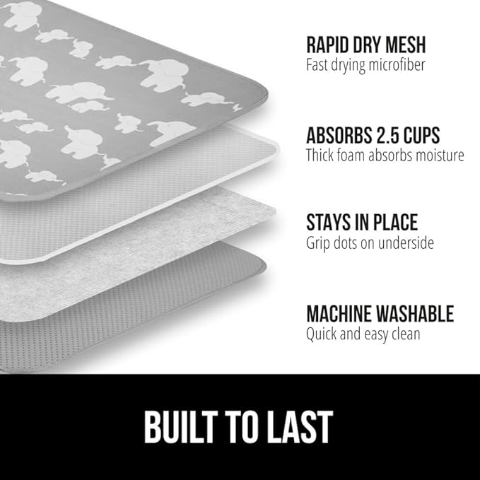 GORILLA GRIP Ultra Water Absorbent Microfiber Dish Drying Mat, Quick Dry Thick Mesh, Slip Resistant Pad for Sink Dishes or Under Rack, Kitchen Counter Accessories, 16x18, Machine Wash Mats, Elephants