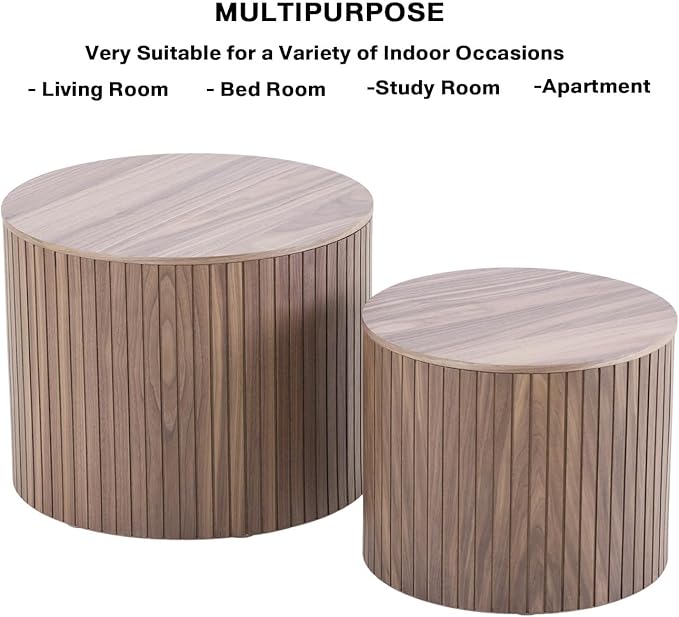 Nesting Coffee Tables Set of 2, Wooden Round Coffee Tables with Storage,Modern Circle Accent End Table Center Table for Small Spaces Living Room Bedroom Balcony Office Drum Side Table,Walnut