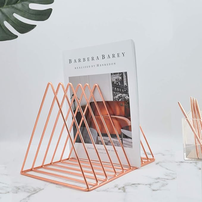 EASEPRES 9 Slot Magazine Rack Book Record Holder, Desktop Iron Storage Rack Bookshelf Multifunction Triangle File Organizer Sorter for Decor Home Office, Rose Gold Pack of 2
