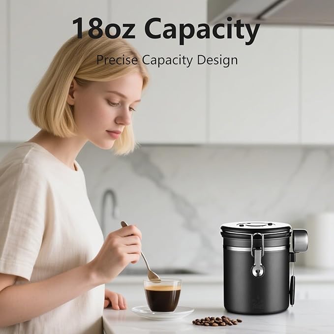 Airtight Coffee Container with CO2 Valve, Holds up to 1.5lb of Beans Stainless Steel Coffee Canister - One-Way Valve Keeps Beans Fresh, Lid, Date Tracker & Scoop, for Coffee Beans Grounds, Tea.