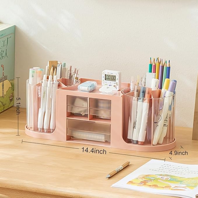 360 Rotating Makeup Brush Holder with 3 Drawers, Makeup Organizer Countertop with 10 Slots Pencil Holder,Hair Comb Holder for Vanity (Pink (3 Drawer))-NeatNest