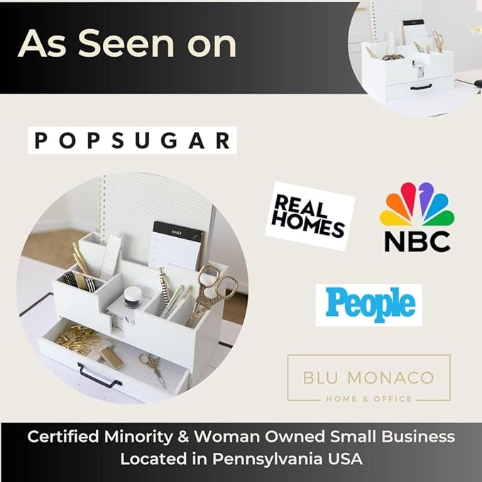 BLU MONACO White Wood Desk Organizer with Drawer – Home Office Accessories for Women – Compact Desktop Storage Solution-NeatNest