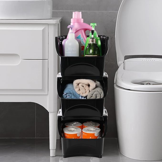 3 tier Kitchen Stacking Open Storage Bins, Plastic Stackable Storage Baskets