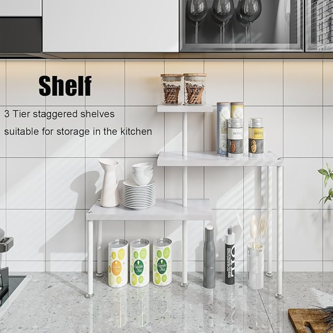 Countertop Organizer Organization 3 Tier Kitchen Corner Shelves Adjustable Spice Storage Rack for Bathroom Coffee Area Over Sink (White)-NeatNest