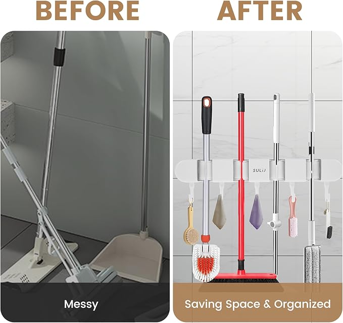 2Pcs Mop Holder with Hooks Wall Mounted Mop and Broom Holder Punch Free Broom Organizer Space Saving Broom Hanger Mop Clip Holder Hanging Mop and Broom Storage for Bathrooms Home,White (2)