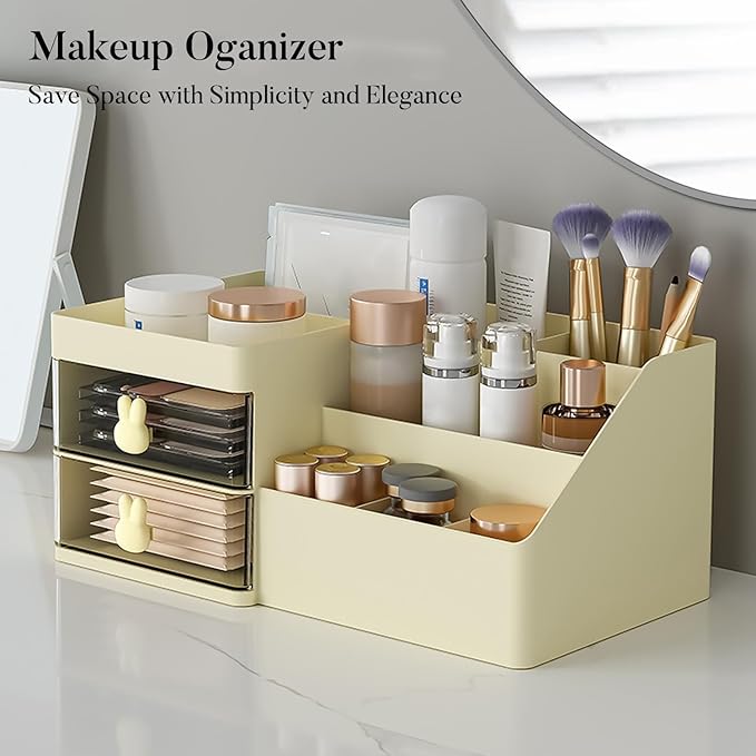 Makeup Organizer, Cosmetic Desk Storage Box with Drawers Skincare Organizers for Dressing Table, Countertop, Bathroom Counter, Vanity Holder for Brushes, Lotions, Lipstick, Perfume (Yellow-Clear)-NeatNest