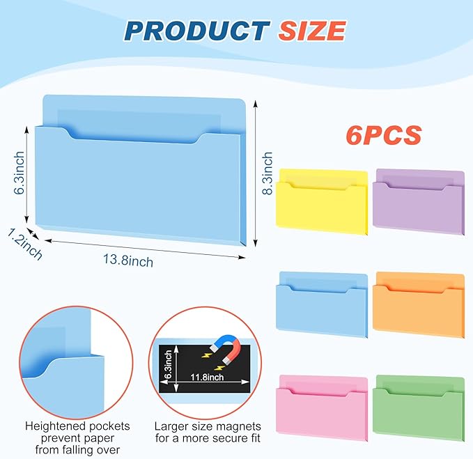 Fuutreo 6 Pcs Magnetic Wall File Organizer Magnetic Wall File Holder Refrigerator Magazine Holder for Mail Letters Paper(Macaron Color,8.3 x 13.8 Inch,Horizontal)