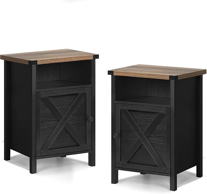 Farmhouse End Table, Nightstand, End Tables with Barn Door and Shelf, Wooden Sofa Side Table, Modern Bed Side Table Rustic Nightstands Set of 2, Bedroom, Living Room, Black