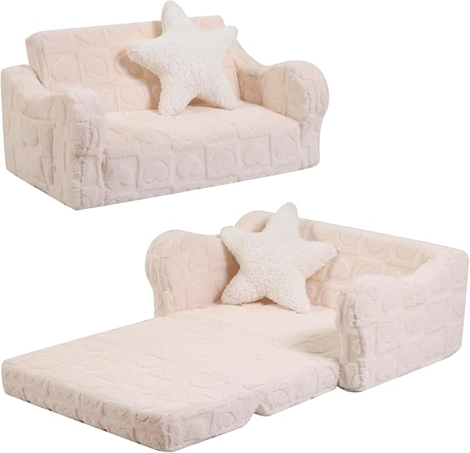 Extra Wider Seating Toddler Couch, 2-in-1 Toddler Soft Couch Fold Out with Star Pillow, Convertible Sofa to Lounger for Girls and Boys, Cream Heart-NeatNest